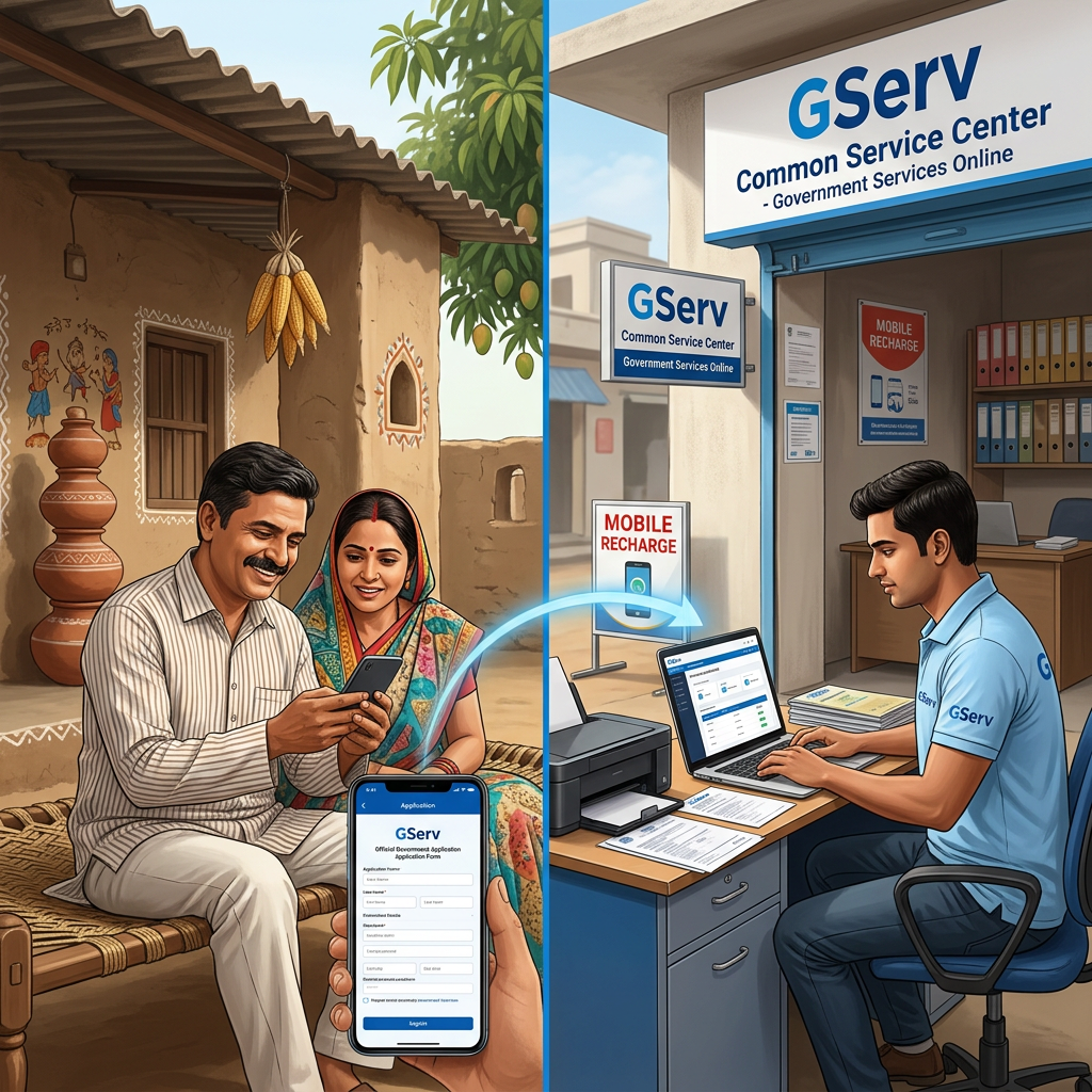 Indian couple applying for government and digital services with a GServ partner using a laptop